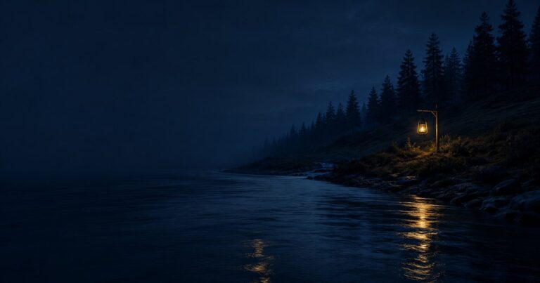 A navy river curves through the frame at dusk with a single warm-gold lantern on the far bank, illustrating that time keeps moving in the 12 months between insurance renewals whether or not the policy is being watched.