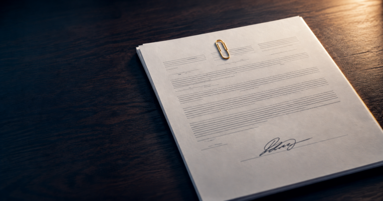 A signed commercial contract on a dark walnut desk with three brass paperclips arranged across the top, representing additional insured status, primary and noncontributory wording, and waiver of subrogation as the three contract requirements that actually transfer commercial liability risk.