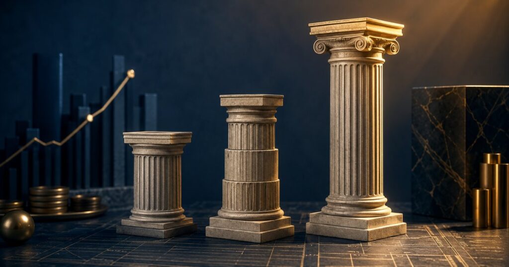 Three architectural columns on a darkened ledger surface representing a risk financing comparison of guaranteed cost insurance, a large deductible plan, and a captive program for commercial businesses.