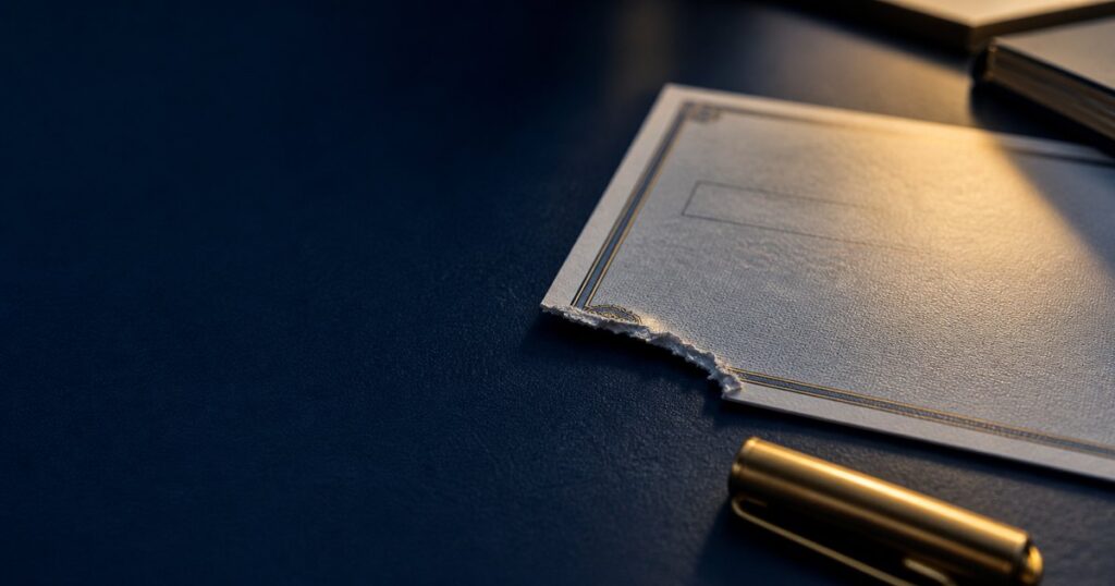 Editorial photograph of a partially trimmed claim check on a navy desk with warm gold lighting, illustrating the coinsurance penalty applied to commercial property insurance partial losses.