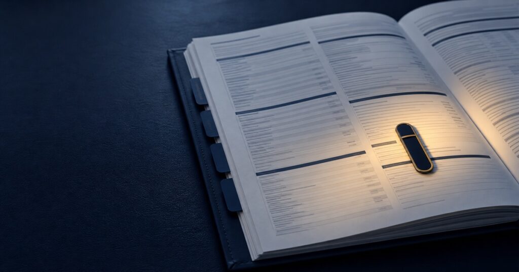 Open commercial insurance policy document on a navy leather desk, with one section softly highlighted — visualizing the line-by-line read every commercial declarations page deserves before it binds.