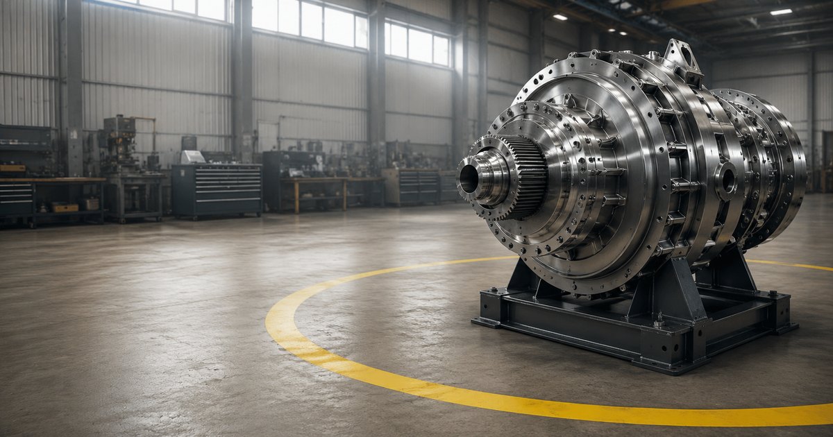 A single polished steel industrial gearbox sitting on a maintenance stand inside a clean fabrication shop, encircled on the concrete floor by a bright safety-yellow painted boundary line under soft clerestory daylight, illustrating how the care, custody, or control exclusion on a general liability policy draws a visible line around property in the insured's possession.