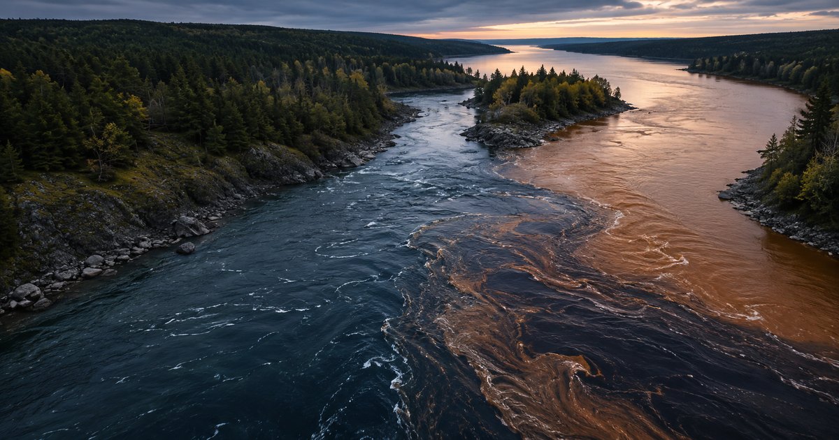 An aerial view of two distinct rivers - one cool slate-blue and one warmer copper-tea - meeting at a confluence and joining into a single broader channel framed by mossy stone banks, illustrating how general liability and professional liability are two separate coverages that work together in a commercial program.