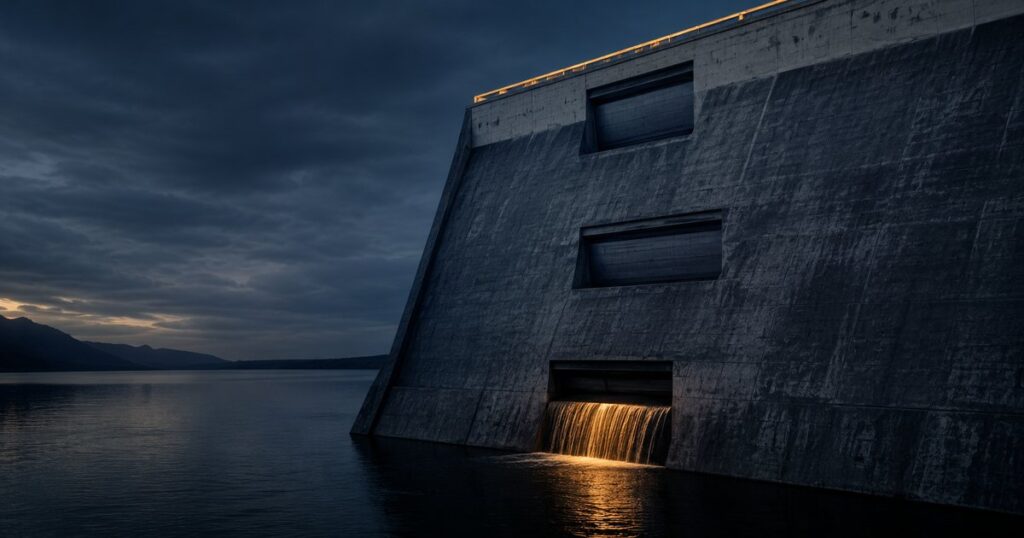Cross-section of a large concrete spillway dam at dusk with three sluice gates of different sizes set at different heights; only a thin warm-gold ribbon of water escapes through the lowest gate, representing the three places a commercial insurance policy quietly limits coverage.