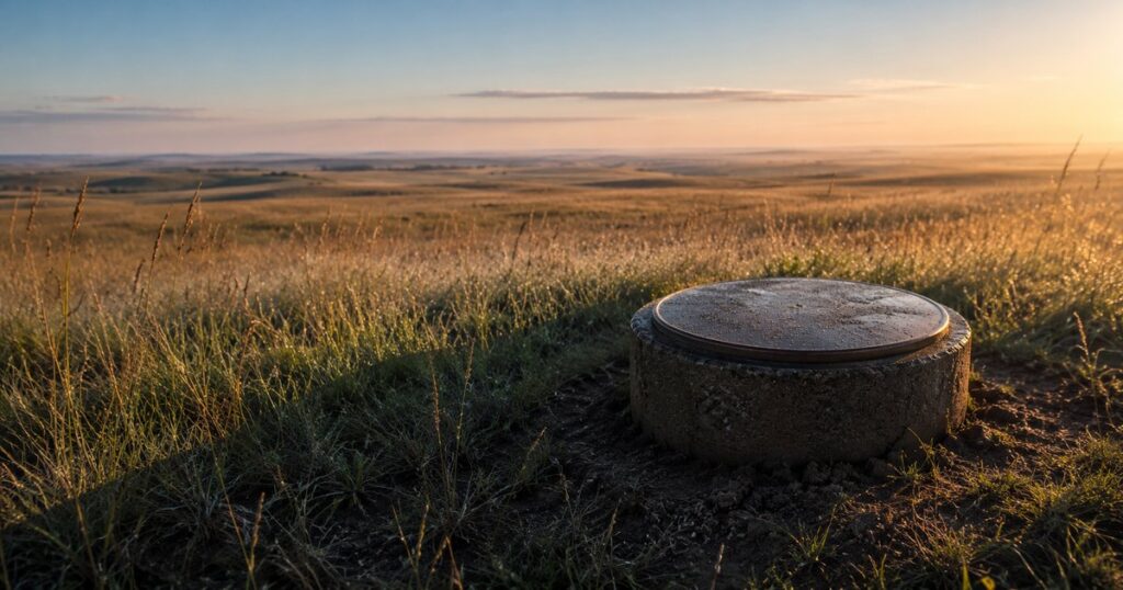 A weathered cast-bronze land-survey monument cap set flush into a low stone plinth at the center of an Iowa tallgrass prairie at dawn, with a long shadow cast across dewy prairie grass under a pale rose-gold horizon - illustrating the fixed statutory boundary Iowa Code Chapter 85 draws around employer workers compensation obligations.