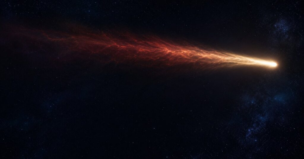 A single luminous comet with a long graduated tail trailing across a deep-indigo starfield, illustrating the long-tail risk of products and completed operations claims that surface years after work is finished or a product is sold.