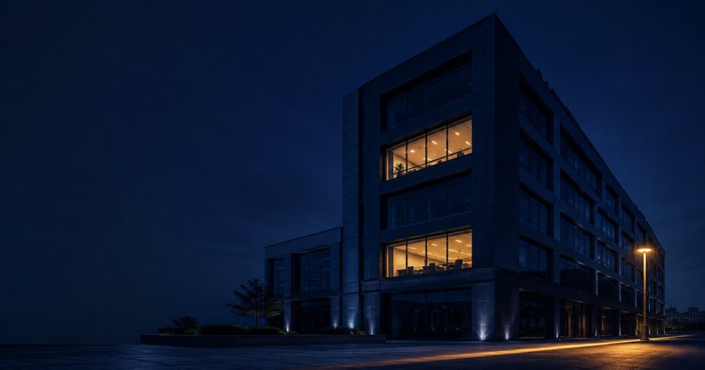 A low-angle view of a navy commercial building facade with three tenant windows visible — two warm-gold-lit (insured) and one navy-shadowed (lapsed), illustrating how landlords track tenant certificates of insurance across a multi-tenant property.