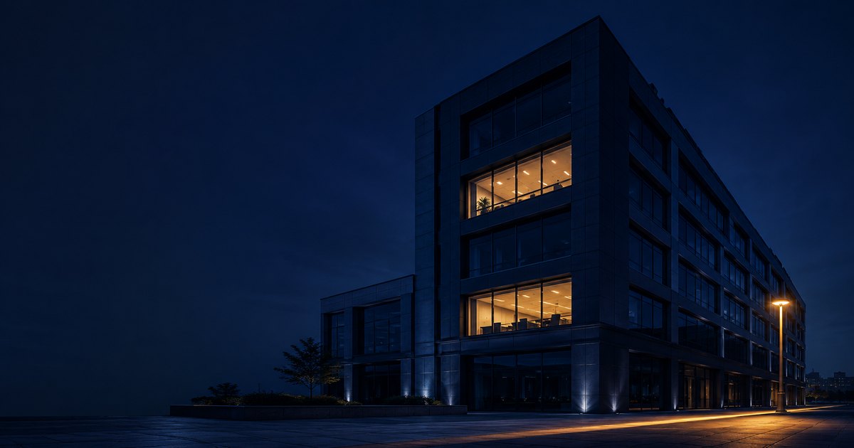 A low-angle view of a navy commercial building facade with three tenant windows visible — two warm-gold-lit (insured) and one navy-shadowed (lapsed), illustrating how landlords track tenant certificates of insurance across a multi-tenant property.