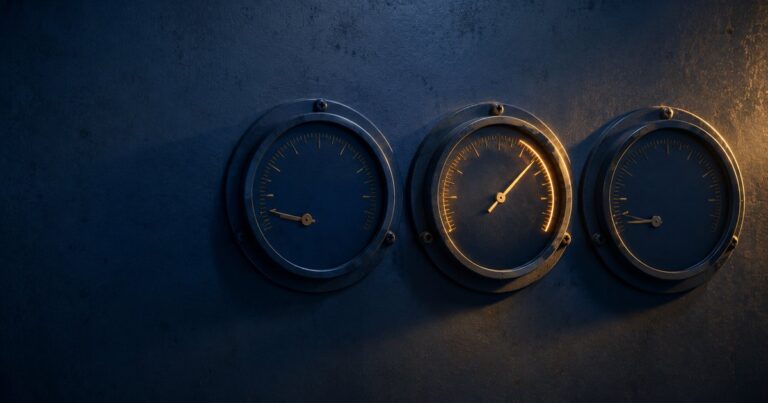 Three navy analog gauges in a row on a navy steel plate, the middle one warm-gold-lit with its needle high to the right and the outer two dim and flat, illustrating that one of the three renewal questions usually gets a real answer while the others go un-asked.