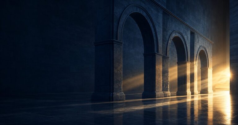 A perspective view of three navy archways receding into warm gold light, illustrating the three coverage parts of a commercial general liability insurance policy.