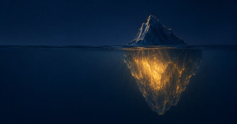 A navy iceberg viewed at the waterline with its small above-water tip in deep navy and its much larger submerged mass glowing warm gold beneath the water, illustrating that most of what matters in an insurance program lives below the renewal-stamp surface.