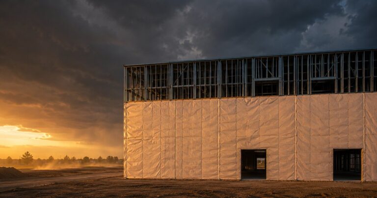 A single mid-sized commercial building photographed straight-on before a storm, its lower four-fifths sheathed in a taut protective weather wrap while the top portion is left bare and exposed to an advancing bruised storm sky, with no people present — a visual metaphor for insuring a building only up to a coinsurance threshold and leaving the value above it exposed at a claim.