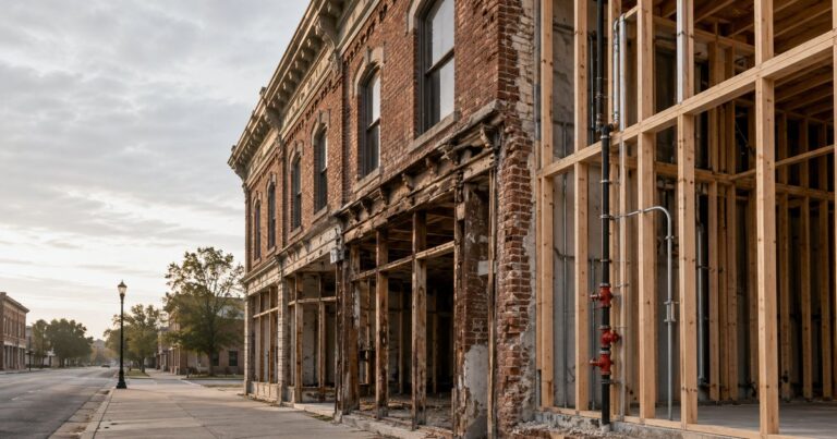 A weathered early-20th-century brick commercial corner building mid-renovation, with one section stripped back to old masonry and bare studs while new code-compliant framing, conduit, and a modern sprinkler riser rise beside it on a hard vertical seam, no people present — a visual metaphor for an older building that a covered loss has forced to be rebuilt to today's building codes rather than its original ones.