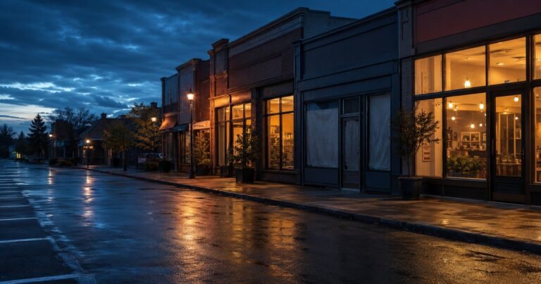 A short row of main-street storefronts at blue hour with the neighboring units open and glowing warm amber while a single storefront in the center sits dark and closed, no people present — a visual metaphor for a business whose revenue has stopped during the period of restoration while the rest of the block keeps earning and its fixed expenses keep running.