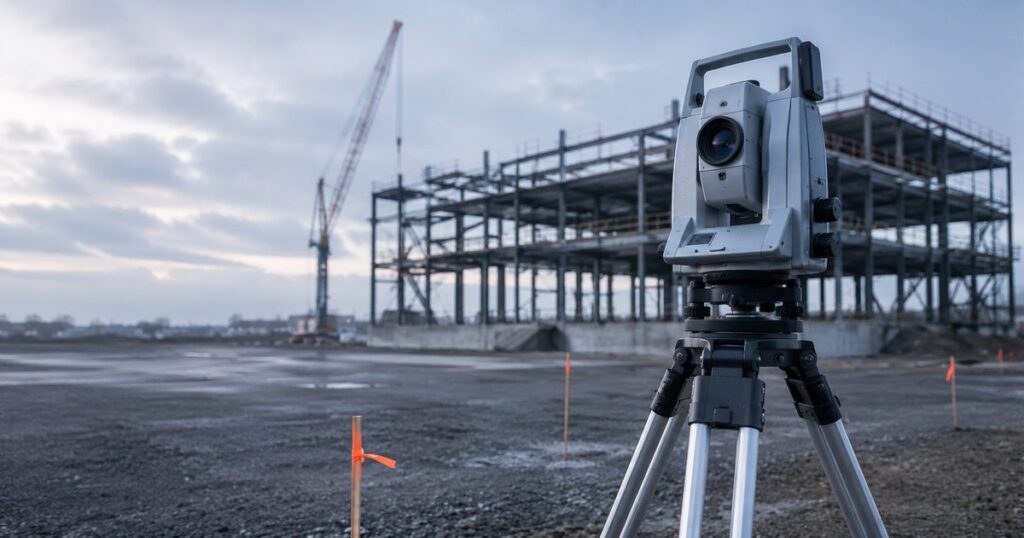 A surveyor's tripod-mounted total station set up on a paved forecourt at overcast early morning, aimed across an empty open lot toward the bare structural steel frame of a commercial building under construction, with survey marker flags in the foreground and no people present — a visual metaphor for the careful, methodical measurement and assessment done before anything is built on top of it.