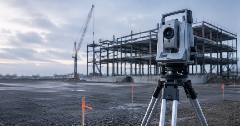 A surveyor's tripod-mounted total station set up on a paved forecourt at overcast early morning, aimed across an empty open lot toward the bare structural steel frame of a commercial building under construction, with survey marker flags in the foreground and no people present — a visual metaphor for the careful, methodical measurement and assessment done before anything is built on top of it.