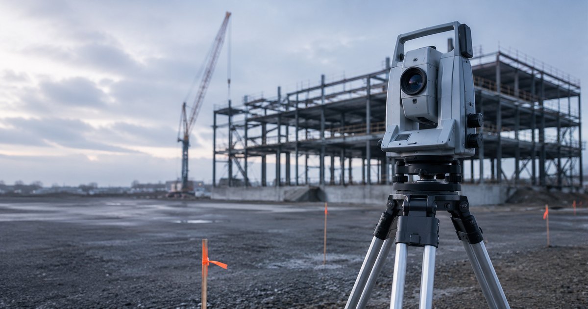 A surveyor's tripod-mounted total station set up on a paved forecourt at overcast early morning, aimed across an empty open lot toward the bare structural steel frame of a commercial building under construction, with survey marker flags in the foreground and no people present — a visual metaphor for the careful, methodical measurement and assessment done before anything is built on top of it.
