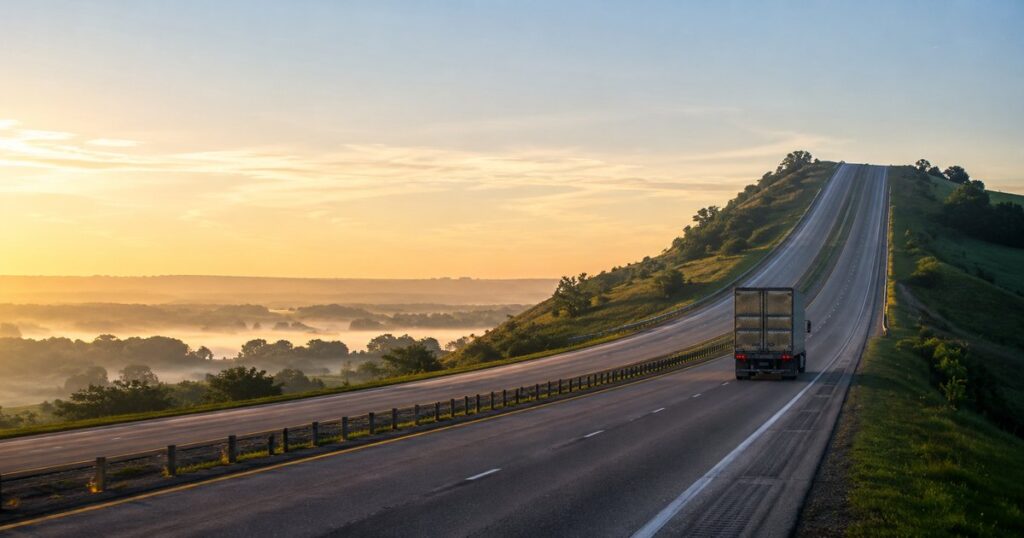 A single anonymous semitruck climbing a long, steep divided-interstate grade that rises and disappears over a crest into a golden dawn sky, with no people present, the ascending ribbon of highway dominating the frame — a visual metaphor for commercial auto insurance rates that keep climbing year over year.