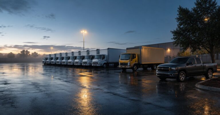 A commercial fleet staging lot at dawn with no people present: a uniform row of identical company box trucks parked in formation, with a different rental box truck and a single personal pickup set apart in the same lot, illustrating the owned, hired, and non-owned vehicle categories that commercial auto coverage symbols 1, 7, 8, and 9 each treat differently.