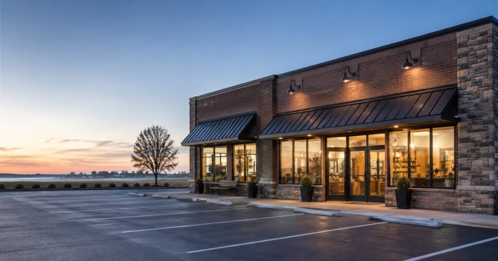 A clean, modest Midwestern commercial storefront at clear early-morning first light, interior lights just coming on, seen across an empty paved lot with crisp painted parking lines and a low flat horizon beyond — a calm, ready, pre-opening scene with no people, used as a visual metaphor for a business renewal handled early and in order rather than rushed at the last minute.