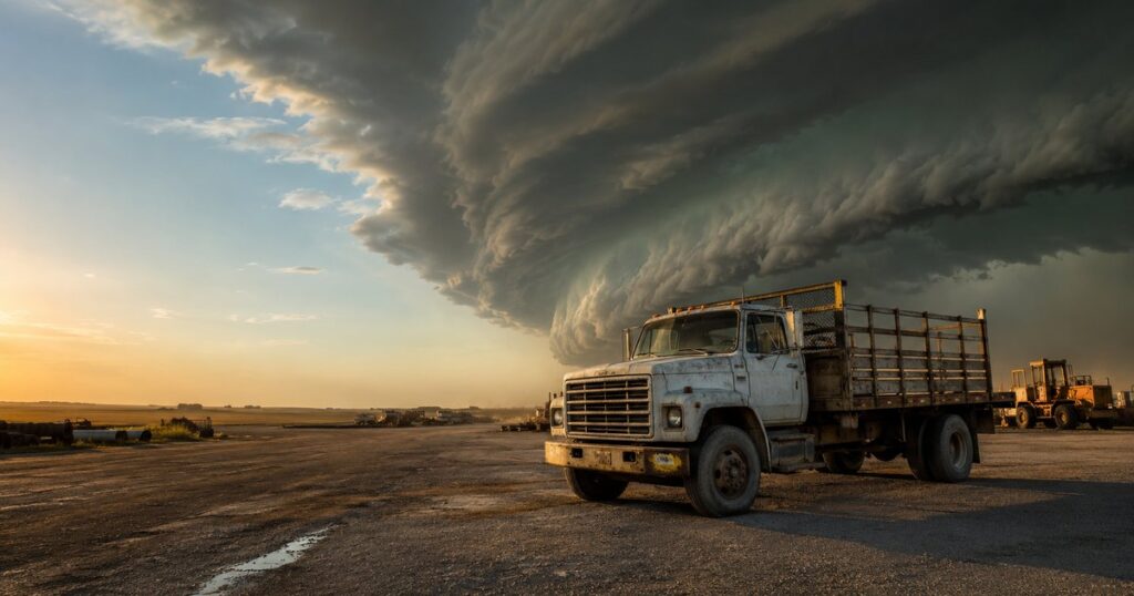 A single aging medium-duty work truck parked alone in a wide flat prairie equipment yard as a green-gray hailstorm supercell churns in from the right while the left side of the sky stays clear, with no people present — a visual metaphor for the two halves of physical damage risk, weather and impact, that comprehensive and collision coverage respond to.