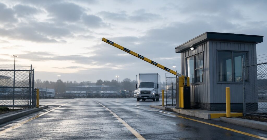 A single raised yellow-and-black boom barrier gate across the paved entrance lane of a commercial fleet yard at overcast early morning, with a gatehouse booth and an anonymous fleet vehicle waiting beyond the gate and no people present — a visual metaphor for screening every driver at a single controlled checkpoint before allowing them behind the wheel.