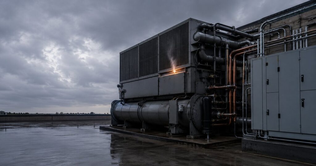 A mid-sized commercial building's rooftop mechanical plant — a large industrial HVAC chiller beside a gray electrical switchgear cabinet with copper refrigerant lines running between them — in cool overcast light, where a single chiller shows a faint contained amber glow and heat-shimmer rising from an internal seam while the rest of the plant sits intact, with no people present; a visual metaphor for equipment that fails from the inside, the exact loss a property policy excludes.