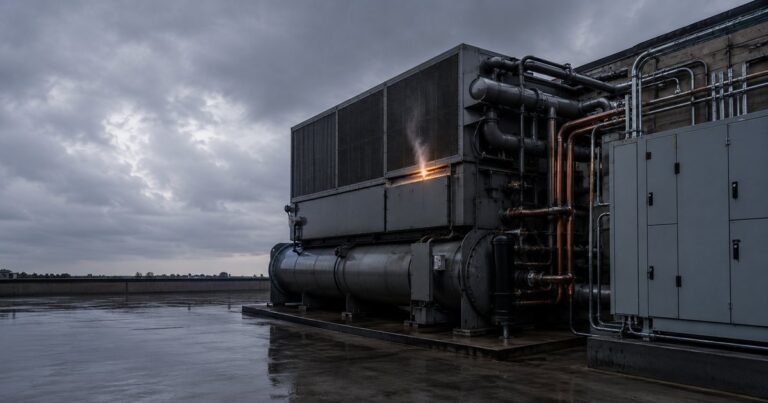 A mid-sized commercial building's rooftop mechanical plant — a large industrial HVAC chiller beside a gray electrical switchgear cabinet with copper refrigerant lines running between them — in cool overcast light, where a single chiller shows a faint contained amber glow and heat-shimmer rising from an internal seam while the rest of the plant sits intact, with no people present; a visual metaphor for equipment that fails from the inside, the exact loss a property policy excludes.