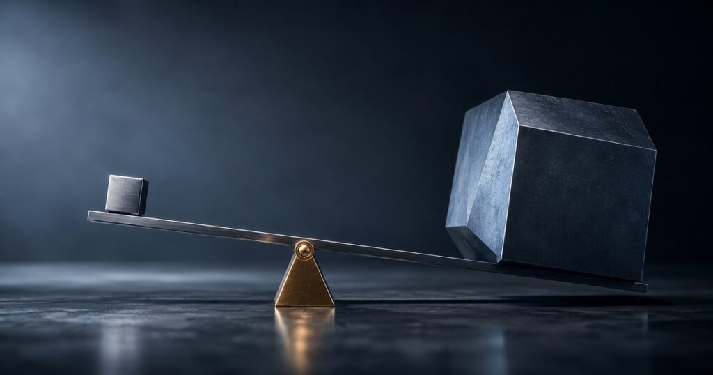 A small polished steel cube on the short arm of a slender lever balanced on a sharp triangular fulcrum, governing a much larger, heavier mass poised on the long arm, with a single warm-bronze highlight on the pivot against a cool graphite background — illustrating how one number, the workers comp experience modifier, multiplies and controls a far larger premium cost.
