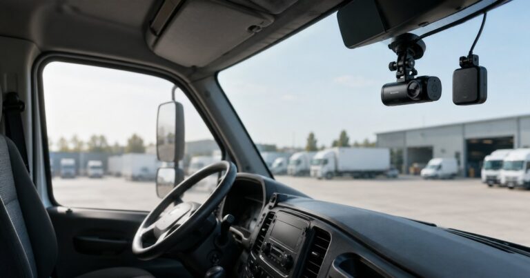 The interior of a clean, modern commercial vehicle cab seen from behind the empty driver's seat, with a windshield-mounted forward-facing dash camera and a small telematics GPS device in sharp focus and a quiet fleet depot lot visible out of focus through the windshield, no people present — a visual metaphor for a fleet that monitors, records, and documents how its vehicles are driven.