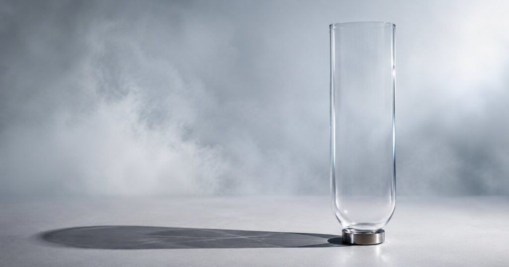 A nearly transparent upright vessel-like form standing alone on a neutral surface, holding nothing and catching only a faint edge highlight, while casting a crisp, fully solid dark shadow far more present than the form itself — illustrating a ghost workers compensation policy that covers no one yet still produces a real certificate of insurance.
