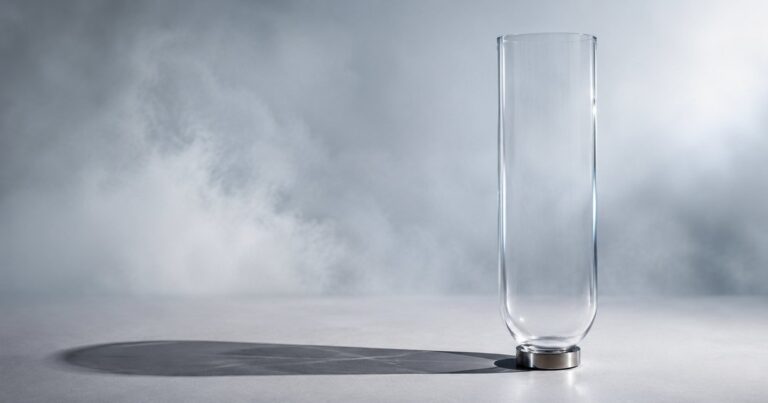 A nearly transparent upright vessel-like form standing alone on a neutral surface, holding nothing and catching only a faint edge highlight, while casting a crisp, fully solid dark shadow far more present than the form itself — illustrating a ghost workers compensation policy that covers no one yet still produces a real certificate of insurance.