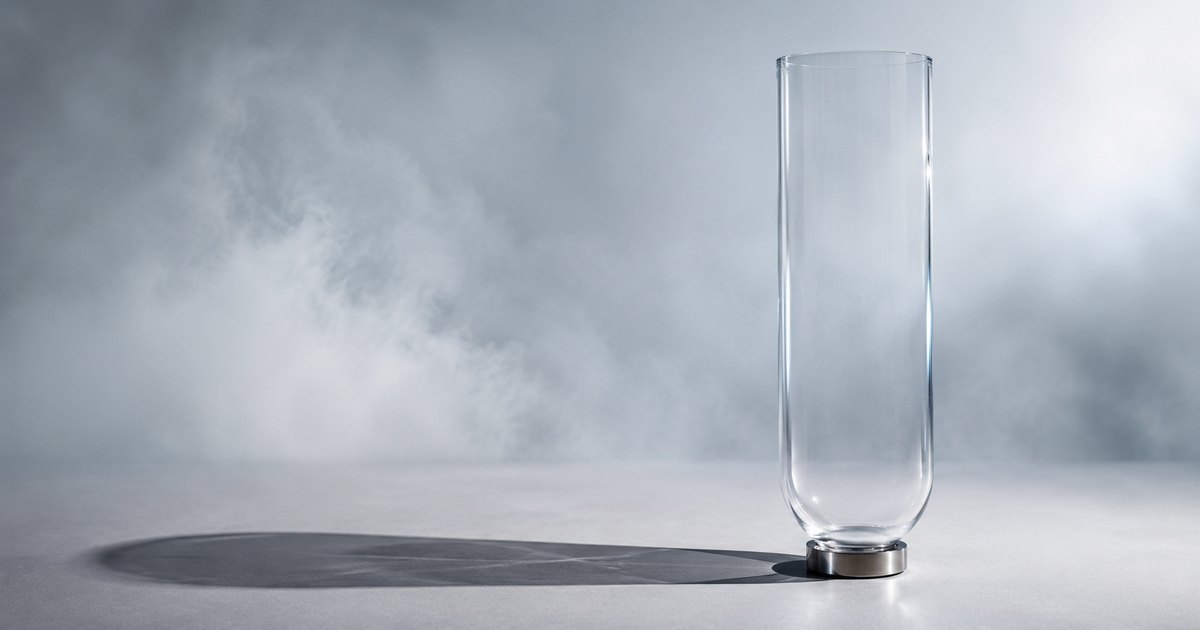 A nearly transparent upright vessel-like form standing alone on a neutral surface, holding nothing and catching only a faint edge highlight, while casting a crisp, fully solid dark shadow far more present than the form itself — illustrating a ghost workers compensation policy that covers no one yet still produces a real certificate of insurance.