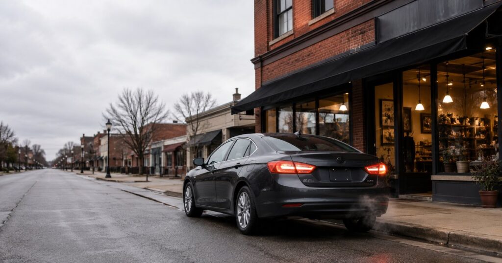 An ordinary personal sedan parked at the curb outside a small brick storefront under overcast daylight, brake lights on and engine running as if about to leave on a quick errand, with no people present — illustrating the non-owned auto exposure a business takes on when an employee drives a private vehicle for company business.