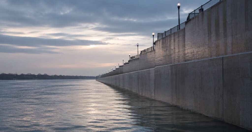 A long reinforced concrete flood-control levee running along a swollen gray-blue Midwestern river at dusk, the water risen partway up the wall with a clear margin of wall height remaining above the waterline and the wall stepping higher as it recedes, no people present — a visual metaphor for how much commercial umbrella limit should sit above a business's expected liability loss.