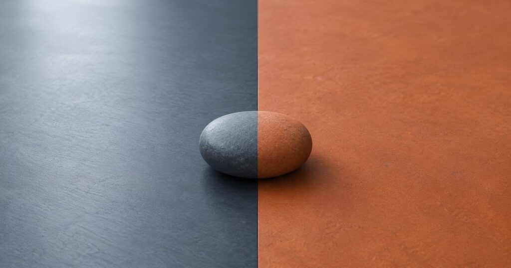 A single smooth block sitting directly astride the sharp seam where a cool slate-blue surface meets a warm terracotta surface, belonging cleanly to neither side — illustrating a worker who is ambiguously classified as employee or independent contractor, sitting on the line where the workers comp audit cost lives.