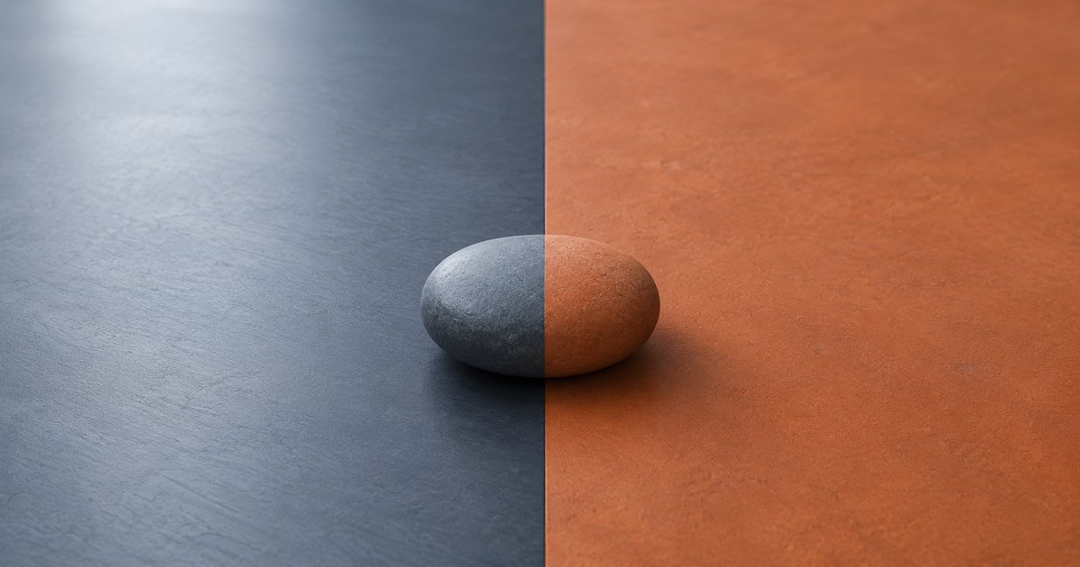 A single smooth block sitting directly astride the sharp seam where a cool slate-blue surface meets a warm terracotta surface, belonging cleanly to neither side — illustrating a worker who is ambiguously classified as employee or independent contractor, sitting on the line where the workers comp audit cost lives.