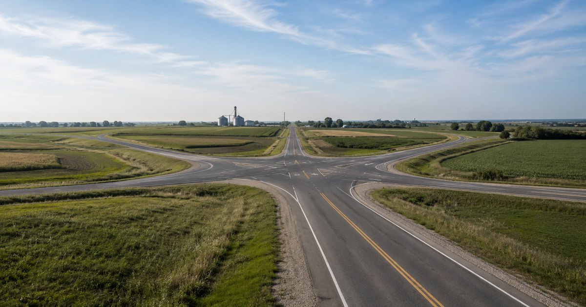 A single paved approach road meeting a wide rural junction that branches into several separate roads fanning out across open Midwest farmland under calm mid-morning light, with no people present — a visual metaphor for an independent agency connecting one buyer to many carriers and markets, versus a captive channel's single fixed direction.