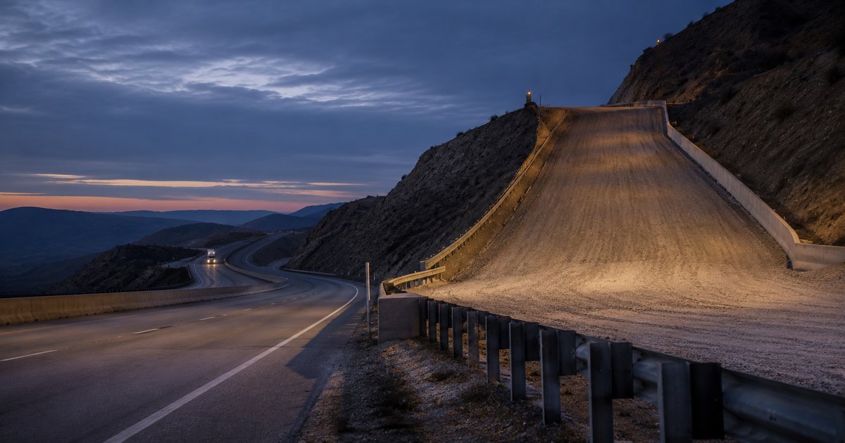 An empty runaway-truck arrester ramp of pale gravel branching uphill off a divided interstate at dusk, with no people or prominent vehicles present, illustrating a public safety backstop built to protect others on the road rather than the driver — the role the MCS-90 endorsement plays for the motoring public after a truck accident.