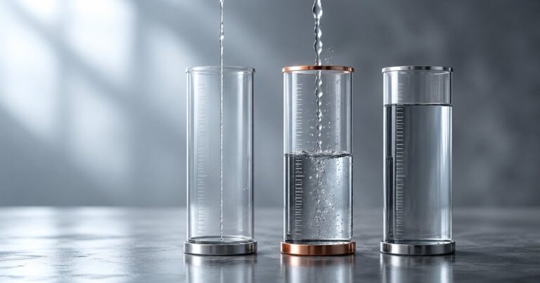 Three identical measuring vessels in a row at different fill states — one translucent and nearly empty, one actively filling from a live stream with a copper-rimmed rising level, and one filled to a fixed etched line with its stream shut off — illustrating how pay-as-you-go workers comp fills with real payroll as it is paid, beside a traditional annual policy set to a pre-estimated level.