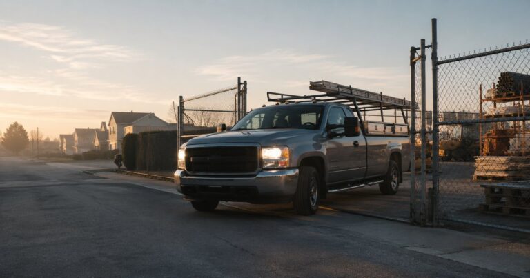 A work-equipped pickup truck with a ladder rack and toolboxes paused halfway through an open chain-link gate to a contractor's yard at dawn, a quiet residential street behind it and stacked building materials ahead, with no people present — a visual metaphor for a vehicle that lives in both the personal and commercial worlds.