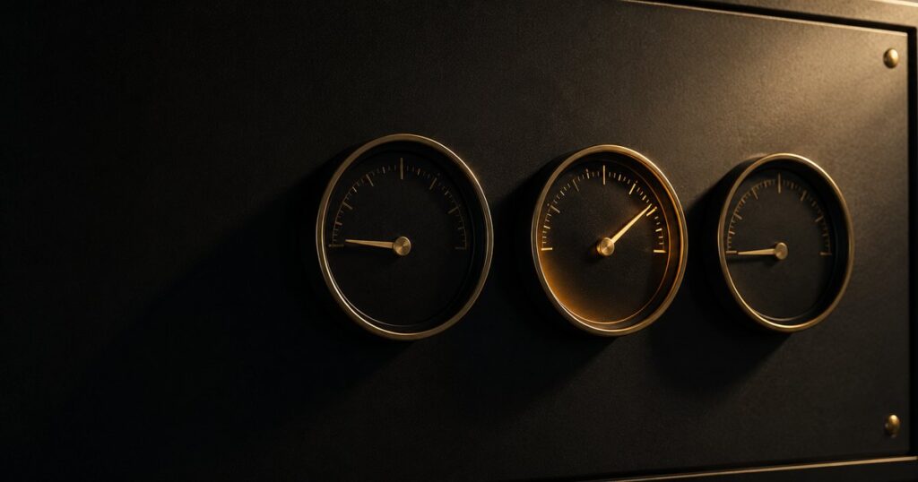 Three black analog gauges in a row on a black steel plate, the middle one softly gold-lit with its needle high to the right and the outer two dim and flat, illustrating that one of the three personal-lines renewal questions usually gets a real answer while the others go un-asked.