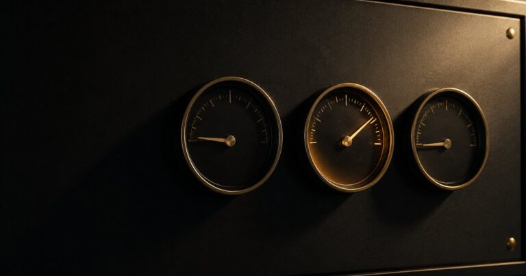 Three black analog gauges in a row on a black steel plate, the middle one softly gold-lit with its needle high to the right and the outer two dim and flat, illustrating that one of the three personal-lines renewal questions usually gets a real answer while the others go un-asked.