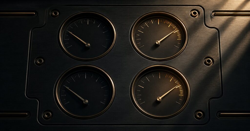 A black steel plate with four antique-gold inset diagnostic gauges arranged in a two-by-two grid, two reading high and two reading low, illustrating that every household program reads strong on some indicators and weak on others.