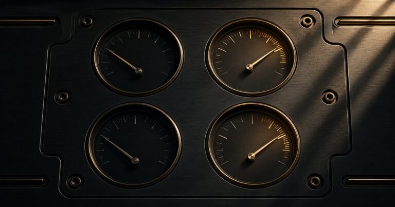 A black steel plate with four antique-gold inset diagnostic gauges arranged in a two-by-two grid, two reading high and two reading low, illustrating that every household program reads strong on some indicators and weak on others.