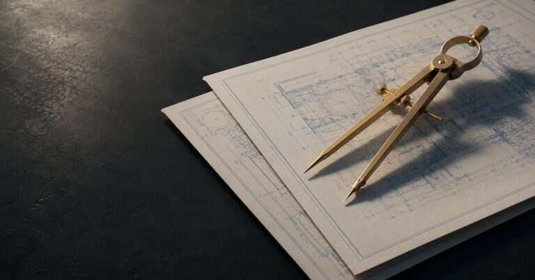 A warm-brass precision compass resting on two stacked, offset architectural blueprints atop a black steel surface, illustrating that two insurance quotes for the same household are two different plans for the same building.