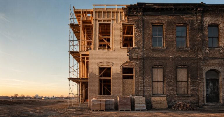 A single mid-sized commercial brick building caught mid-reconstruction in early-morning light, split down a vertical seam — the weathered, decades-old soot-darkened original on the right and bright new blond framing and fresh brick rising on the left, with no people present — a visual metaphor for the gap between rebuilding new (replacement cost) and depreciated value (actual cash value) on a commercial property policy.