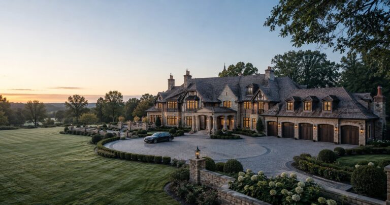 A large, upscale custom estate home and its manicured grounds — refined natural stone-and-brick architecture, tall softly lit windows, a columned portico entry, a multi-car garage, and a circular motor court with a single anonymous luxury vehicle framed by specimen trees — seen at a slight elevated angle in calm early-morning light with no people present, a visual metaphor for the complete, careful look at everything a high-net-worth household has to protect before any insurance is quoted.