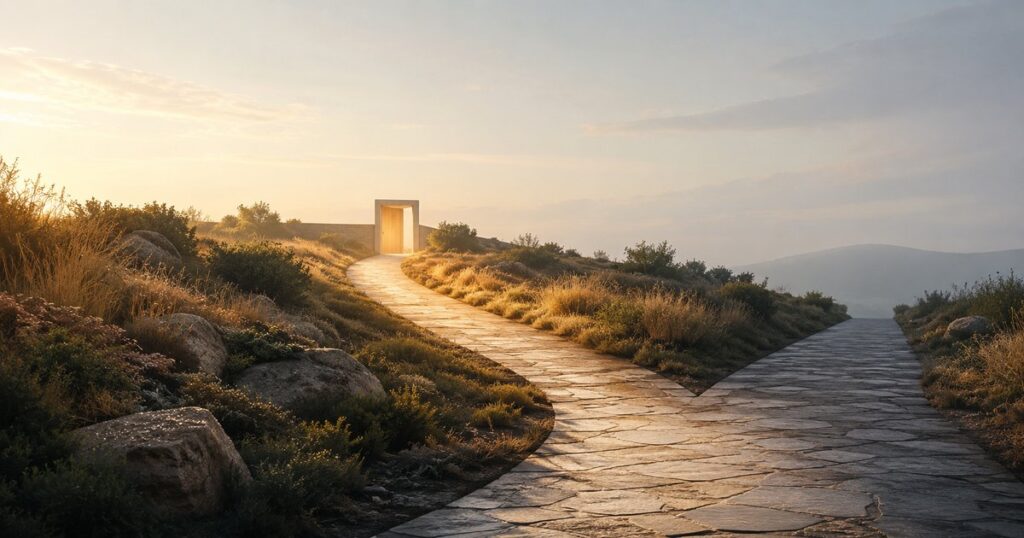 A curving stone walkway that splits at a junction, with a short upward branch lit by warm morning light leading back to a low threshold and a long level path receding into cooler gray distance — illustrating how a return-to-work program offers an injured employee the shorter, lit path back to productive duty instead of the long road of a lost-time claim.
