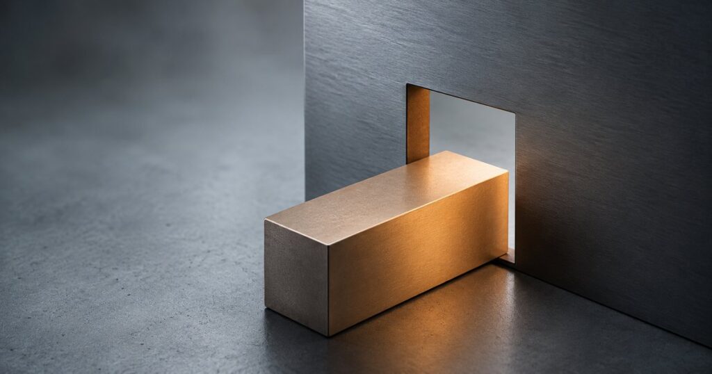 A warm-lit solid block aligned to pass through a precise rectangular aperture cut in a cool upright panel, the block's profile matching the void almost exactly mid-check — illustrating a workers comp audit reconciling reported payroll against the payroll actually paid.